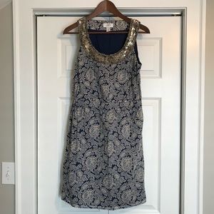 Loft blue print dress beading neckline sz 4